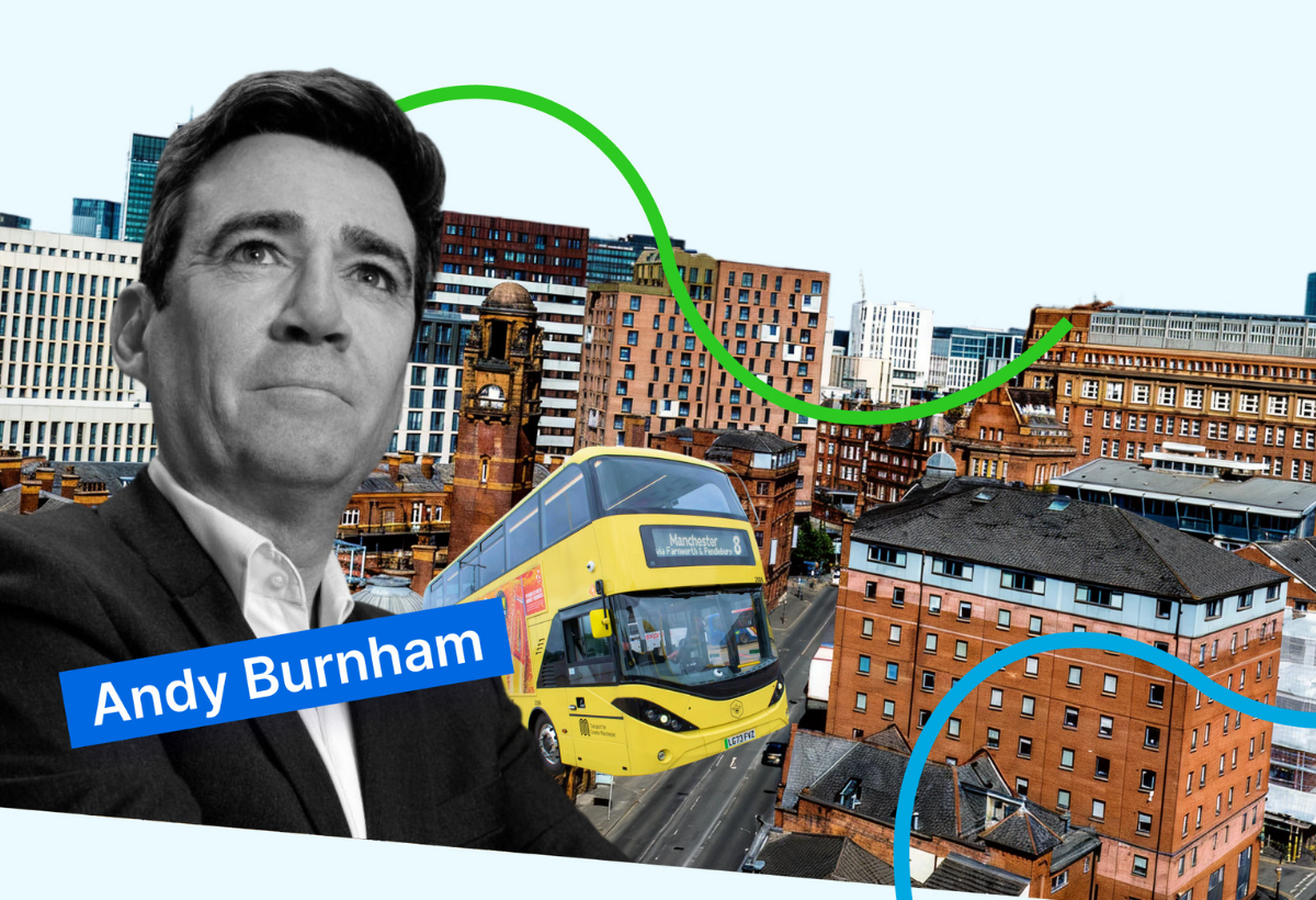 PM Andy Burnham and a cityscape collage of Manchester