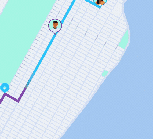 A trip aggregates two riders and the GIF zooms out to show multiple aggregated rides across New York City.