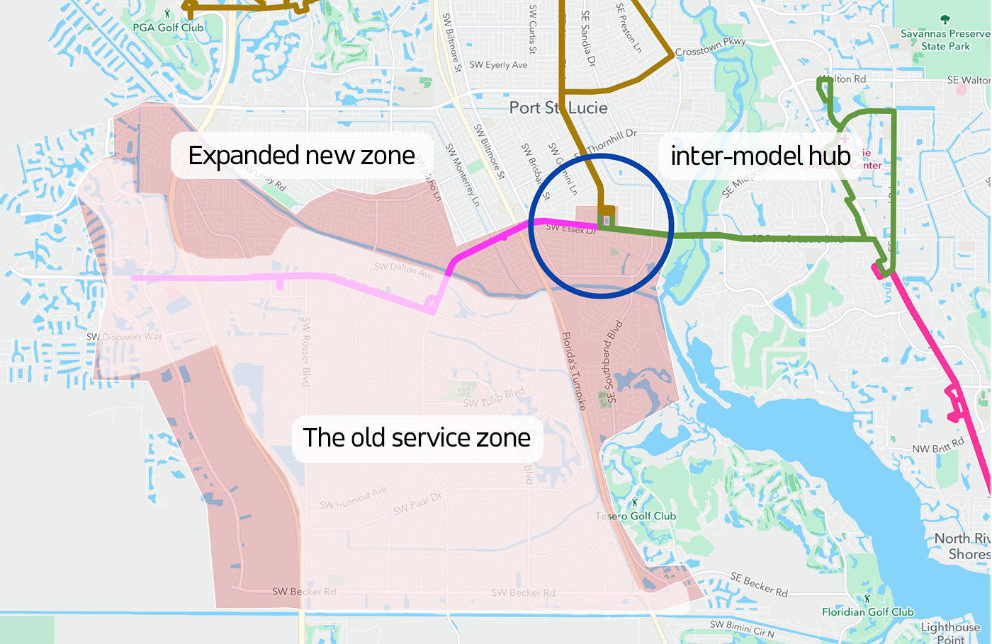 The new expansion is providing a better connection with the county’s inter-model hub, circled, where a few of our fixed routes meet up every hour. 