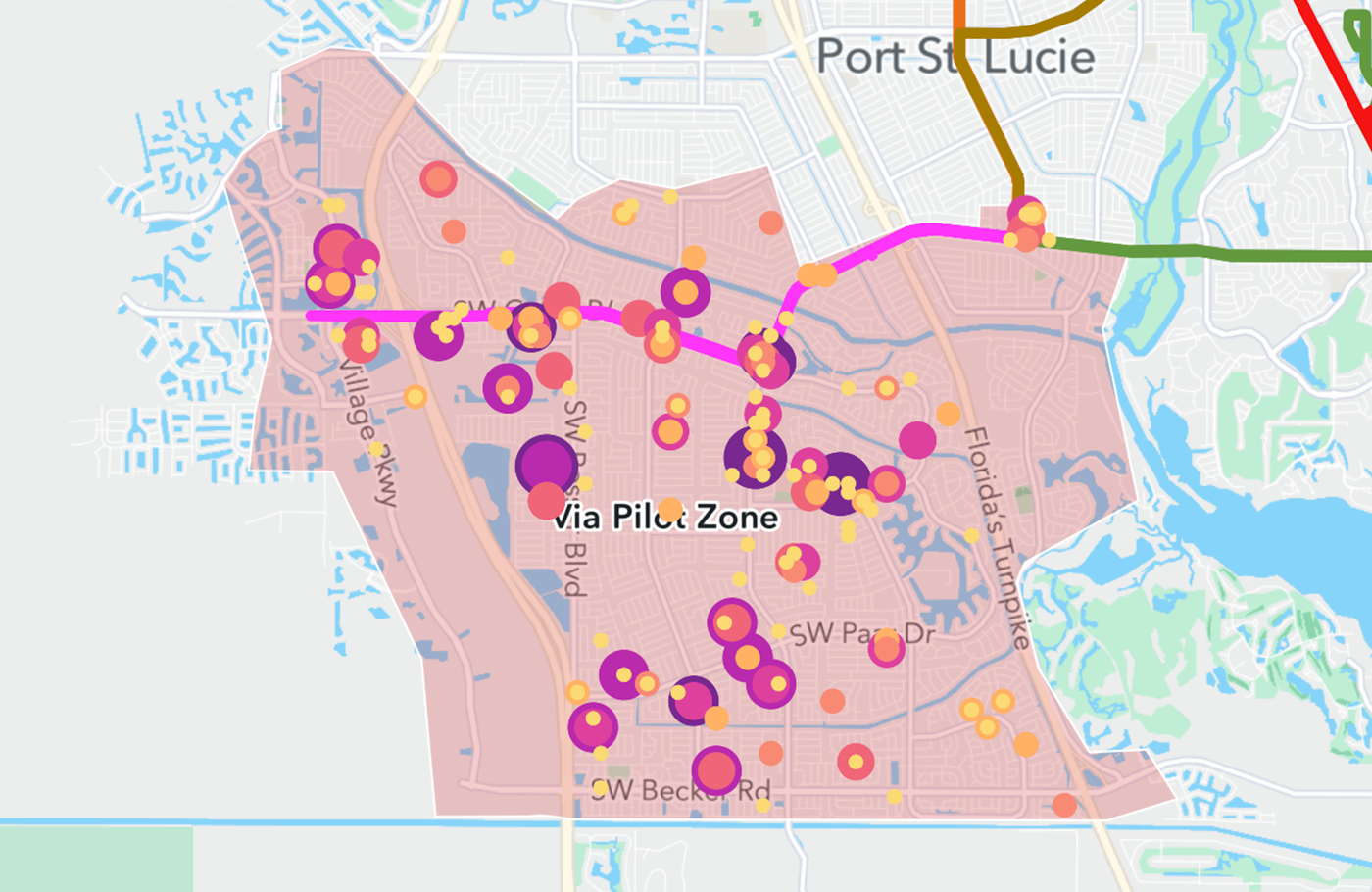 The ART On-Demand rides distribution, visualized in Remix. Over 30% of rides started or ended within 300 feet of a transit stop.