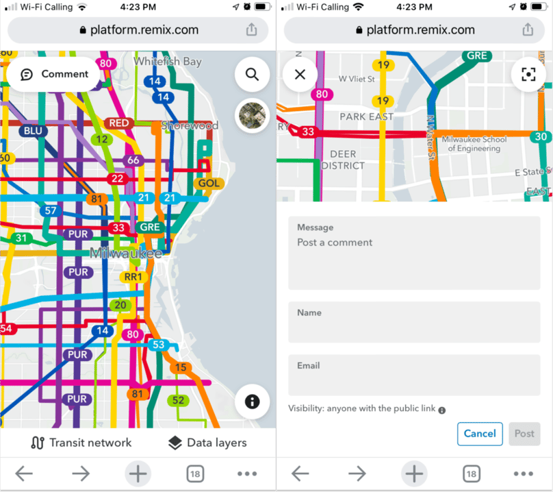 Two screens showing the visualization of a Remix Transit plan on a phone and how to post a comment.