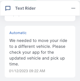SMS notifying a rider about a vehicle change.