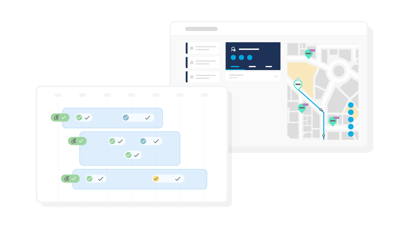 A schematic of Via's paratransit software suite, showing three trips as they appear in the Ride Plan module and several pending pickups as they're seen in the map-based Hub module.