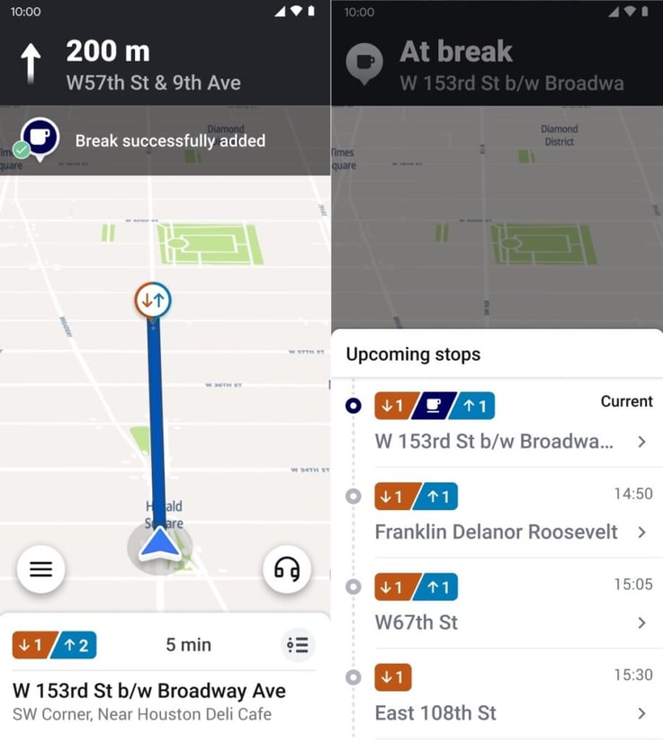 The Via Driver App showing a spontaneous break successfully added to a driver's task list, followed by the directions for a 200 meter drive to the break terminal.